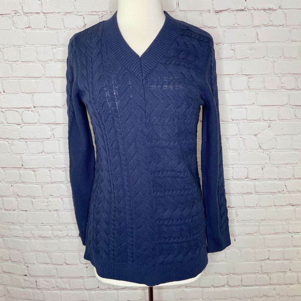 Denim & Co Blue Cable Knit Vneck Pullover Sweater XS
